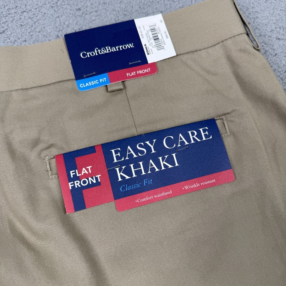 Croft Barrow Khaki Pants Mens 40x30 Tan Classic Fit Flat Front Easy Care NWT New